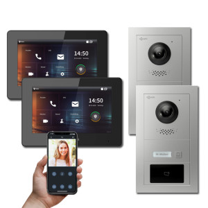 Goliath 2-Draht IP Video Türsprechanlage Hybrid, 2 x 7" Innenstation, 2 x Außenstation mit Kamera, 1 Klingel, RFID