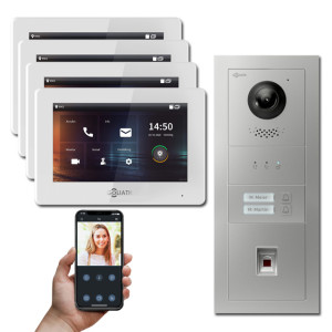 Goliath 2-Draht IP Video Türsprechanlage Hybrid, 4 x 7" Innenstation, 1 x Außenstation mit Kamera, 2 Klingel, Fingerprint und Anzeige