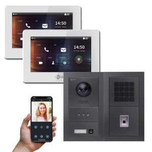 Goliath 2-Draht IP Video Türsprechanlage Hybrid, 2 x 7" Innenstation, 1 x Außenstation mit Kamera, 1 Klingel, Anzeige, Fingerprint und Taste