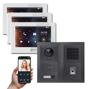 Goliath 2-Draht IP Video Türsprechanlage Hybrid, 3 x 7" Innenstation, 1 x Außenstation mit Kamera, 1 Klingel, Anzeige, Fingerprint und Taste
