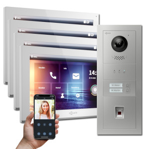 Goliath IP Video Türsprechanlage Hybrid, 4 x 10" Innenstation, 1 x Außenstation mit Kamera, 2 Klingel, Fingerprint und Anzeige