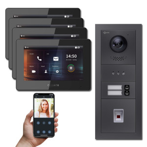 Goliath IP Video Türsprechanlage Hybrid, 4 x 7" Innenstation, 1 x Außenstation mit Kamera, 2 Klingel, Fingerprint und Anzeige