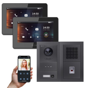 Goliath IP Video Türsprechanlage Hybrid, 2 x 7" Innenstation, 1 x Außenstation mit Kamera, 1 Klingel, Anzeige, Fingerprint und Taste