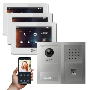 Goliath IP Video Türsprechanlage Hybrid, 3 x 7" Innenstation, 1 x Außenstation mit Kamera, 1 Klingel, Anzeige, Fingerprint und Taste
