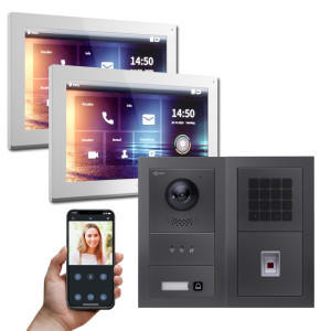 Goliath IP Video Türsprechanlage Hybrid, 2 x 10" Innenstation, 1 x Außenstation mit Kamera, 1 Klingel, Anzeige, Fingerprint und Taste
