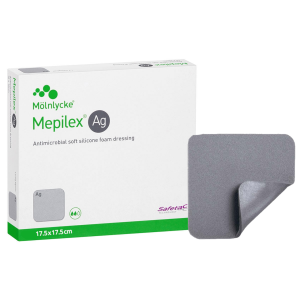 MOLNLYCKE MEPILEX AG opatrunek bakteriobójczy ze srebrem do ran oparzeń, stopy cukrzycowej, owrzodzeń, odleżyn. - 17.5x17.5cm, 5 szt.