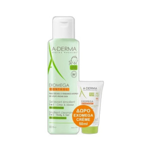 A-Derma Exomega Control Gel Lavant 2 en 1, μαλακτικό τζελ καθαρισμού 2 σε 1 για μαλλιά και σώμα για το ξηρό δέρμα με τάση ατοπίας 500ml & Δώρο Emollient Cream 50ml