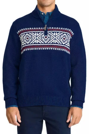 Izod Męski Granatowy Sweter Skandynawki Wzór, Zamek