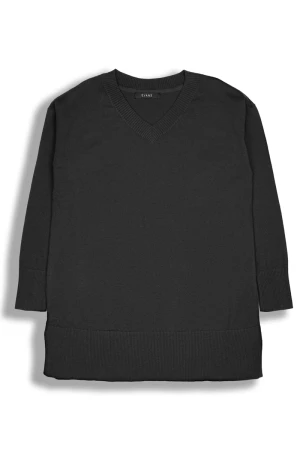 Bawełniany Czarny Sweter V-Neck, Plus Size