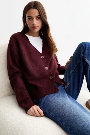 Burgundowy Dzianinowy Sweter Kardigan