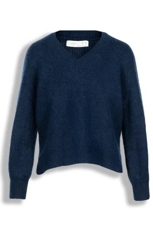 Dzianinowy Granatowy Sweter Oversize 4% Wełna