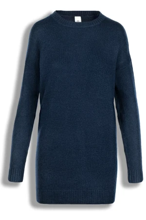 Długi Granatowy Sweter 33% Wełna