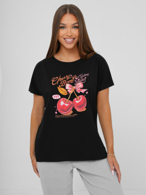 T-shirt damski z nadrukiem czarny OZONEE JS/95T2568/3