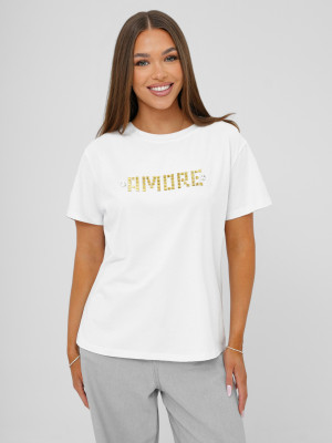 T-shirt damski z ćwiekami biało-złoty OZONEE JS/YJ77716