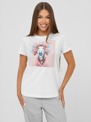 T-shirt damski z nadrukiem biało-różowy OZONEE JS/YJ77726