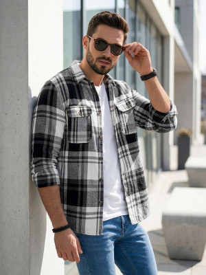 Koszula flanelowa męska w kratę czarno-biała OZONEE NB/MC728N/3