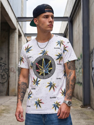 T-shirt męski z nadrukiem biało-żółty OZONEE O/T136/1/BZ