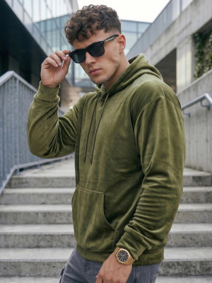Bluza welurowa męska z kapturem khaki OZONEE JS/8B1170/29