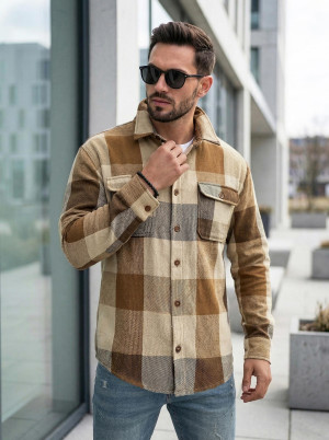 Koszula flanelowa męska w kratę camelowa OZONEE NB/MC728K