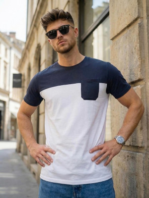 T-shirt męski biało/granatowy OZONEE JS/8T91/25B