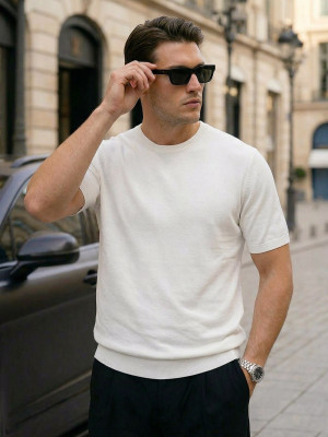 T-shirt męski z dzianiny ecru OZONEE O/MT955