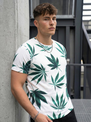 T-shirt męski z nadrukiem biało-zielony OZONEE O/BL54