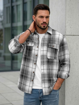 Koszula flanelowa męska w kratę czarno-biała OZONEE NB/MC728N/4