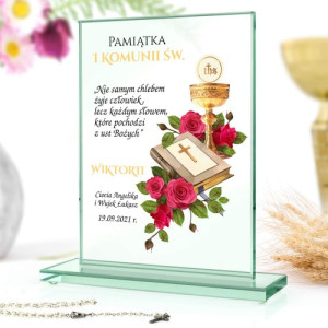 Szklana statuetka z nadrukiem na komunię dla dziewczynki - Księga