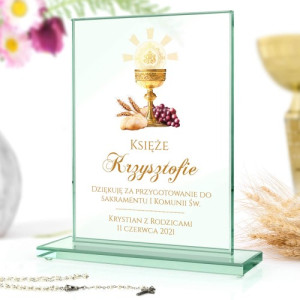 Szklana statuetka z nadrukiem na podziękowanie dla księdza - Sakrament