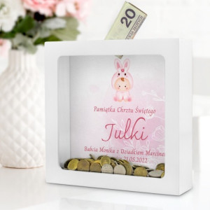 Skarbonka z nadrukiem na chrzest dla dziewczynki - Króliczek