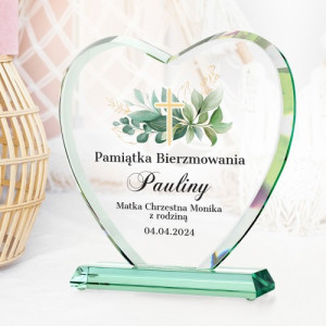Szklane serce z nadrukiem na bierzmowanie dla niej - Złoty krzyż