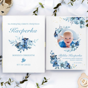 Biblia w drewnianym etui na chrzest dla chłopca - Biel i błękit