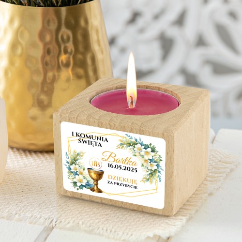 Świecznik drewniany z nadrukiem na komunię - Duchowe światło