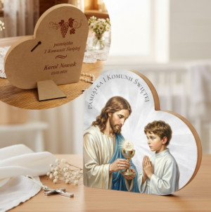 Obrazek serce z grawerem na komunię dla chłopca - Eucharystia