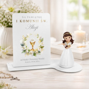 Statuetka z figurką 3D i dedykacją na I Komunię Św. dla dziewczynki - Pamiątka