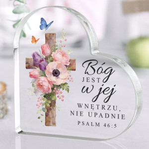 Szklane serce z motywem religijnym dla niej - Moc Boga