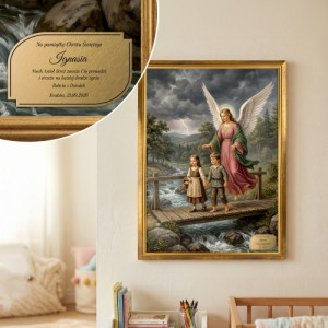 Obraz Anioł Stróż (50 x 70 cm) w złotej ramie na chrzest chłopca - Anielska opieka