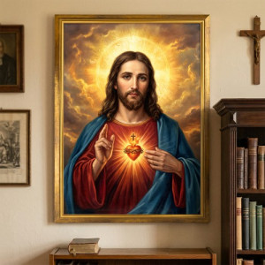 Obraz do salonu Najświętsze Serce Jezusowe (50x70 cm) w złotej ramie - Blask serca