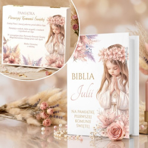 Biblia na komunię dla dziewczynki w drewnianym etui z nadrukiem - Subtelne kwiaty