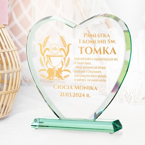 Statuetka szklana serce na I Komunię Świętą dla chłopca - Sakrament