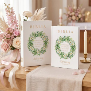 Biblia dla dzieci w drewnianym pudełku na komunię - Liliowy Wianek