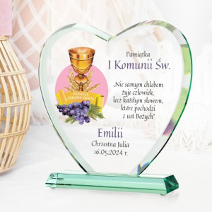Szklane serce z nadrukiem dedykacji na komunię - Kielich z Kłosami