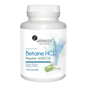 Betaina HCL+ Pepsyna 650/150 mg Aliness - Wsparcie układu pokarmowego - 100 kapsułek