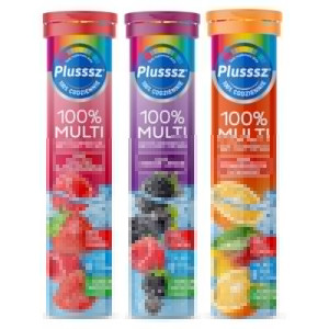 Plusssz MULTIWITAMINA 100% Polski Lek Z sokiem owocowym 3 smaki - 20 tabletek musujących