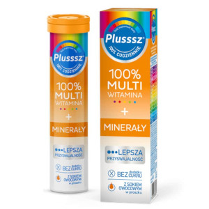 Plusssz 100% MULTIWITAMINA + MINERAŁY Polski Lek - 20 tabletek musujących o smaku mango - pomarańcza