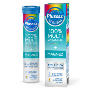 Plusssz 100% MULTIWITAMINA + MAGNEZ Polski Lek - 20 tabletek musujących o smaku mango - pomarańcza