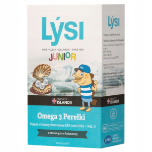 Junior Omega 3 Perełki tran Islandzki Lysi - Kapsułki dla dzieci do żucia o smaku gumy balonowej - 60 kapsułek