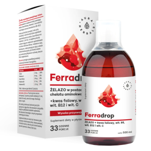 Ferradrop Żelazo + Kwas foliowy Aura Herbals - Wspomaga prawidłową produkcję krwi - 500 ml płyn