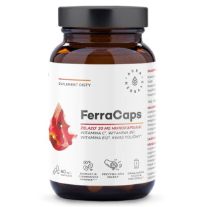 FerraCaps żelazo 30 mg Aura Herbals – Mikrokapsułki z witaminą C, B6, B12 i kwasem foliowym – 60 kapsułek
