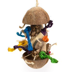 Coco Stack – wisząca zabawka z kokosa i drewna dla papug 13 × 40 cm